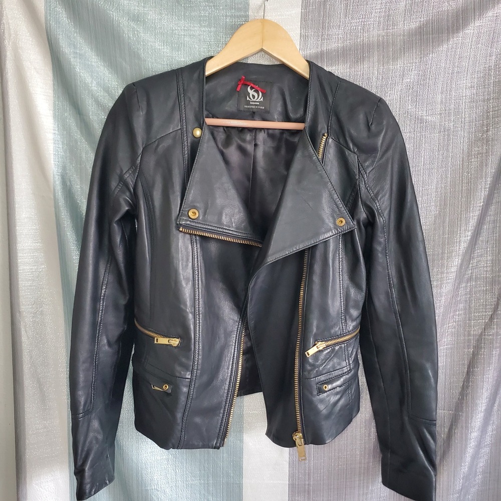 Sinequanone Paris Black Genuine Sheepskin Leather Moto Biker Jacket Gold Zip T38
